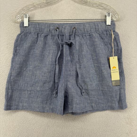 C&C CALIFORNIA Shorts S 100% Linen Chambray Elastic Waist Coastal Boho Blue NEW - Picture 1 of 16